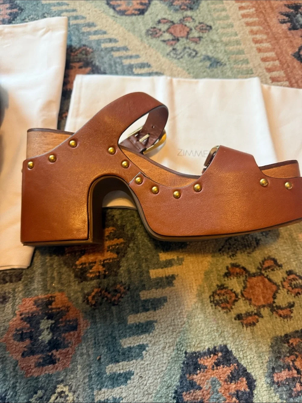 Zimmermann Alight Mule. Brown Leather Platform Clog  with Studs
